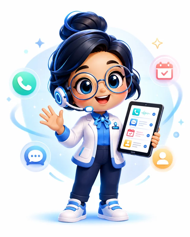 Alta AI receptionist mascot waving with a tablet